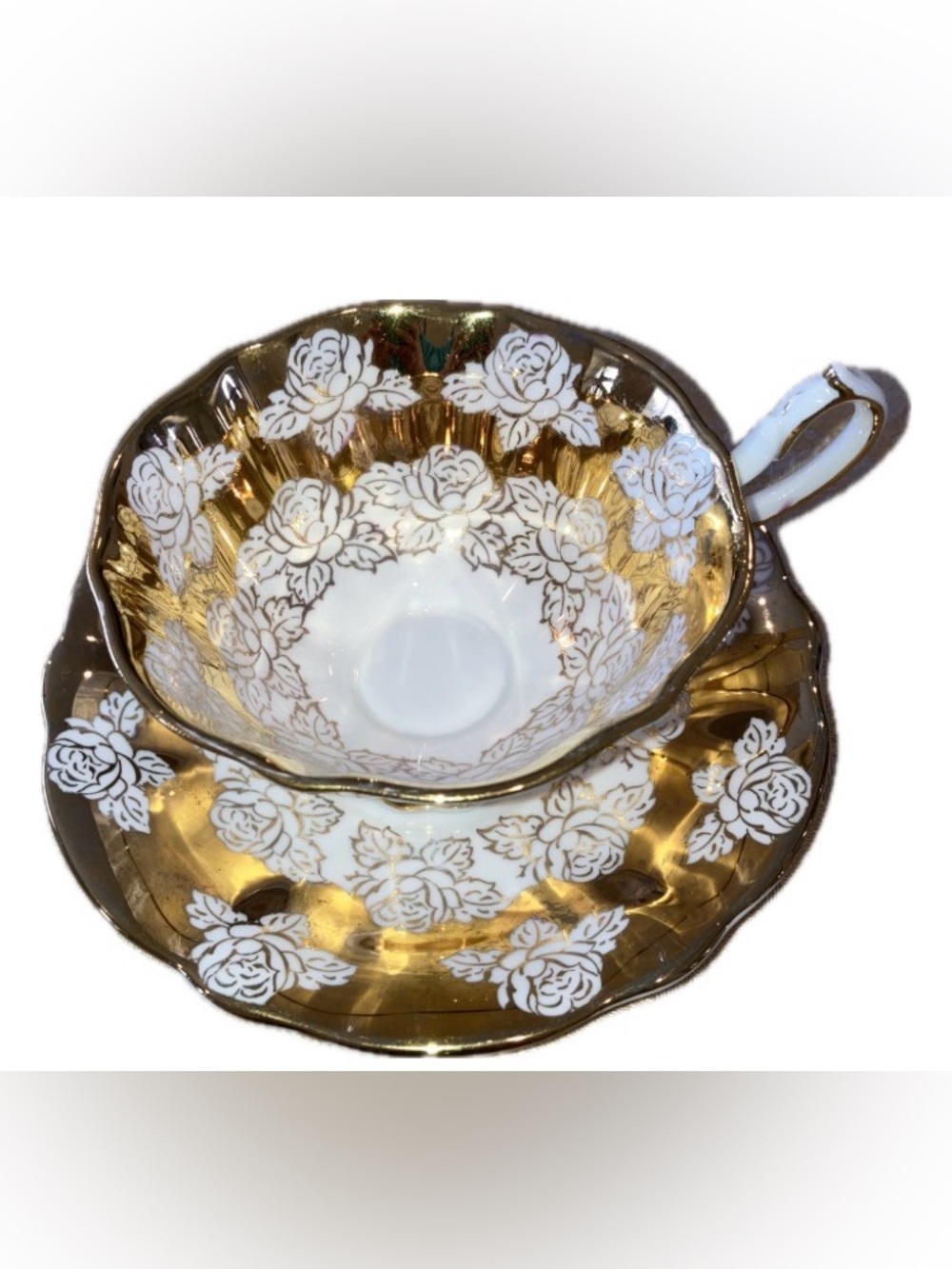 Vintage Queen Anne bone china Gold Roses tea cup & saucer, gold lustre floral